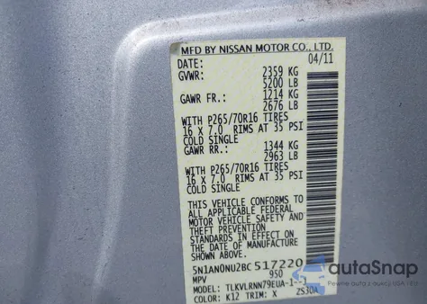 2011 Nissan Xterra S z USA, uszkodzony, nr VIN 5N1AN0NU2BC517220